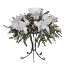House of Silk Flowers Artificial Iced Phalaenopsis Orchid / Pine Single Candle Holder HSFL1052